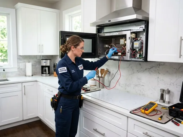 Appliance Repair Hero technician testing an over-the-range microwave in a Blue Diamond, NV kitchen